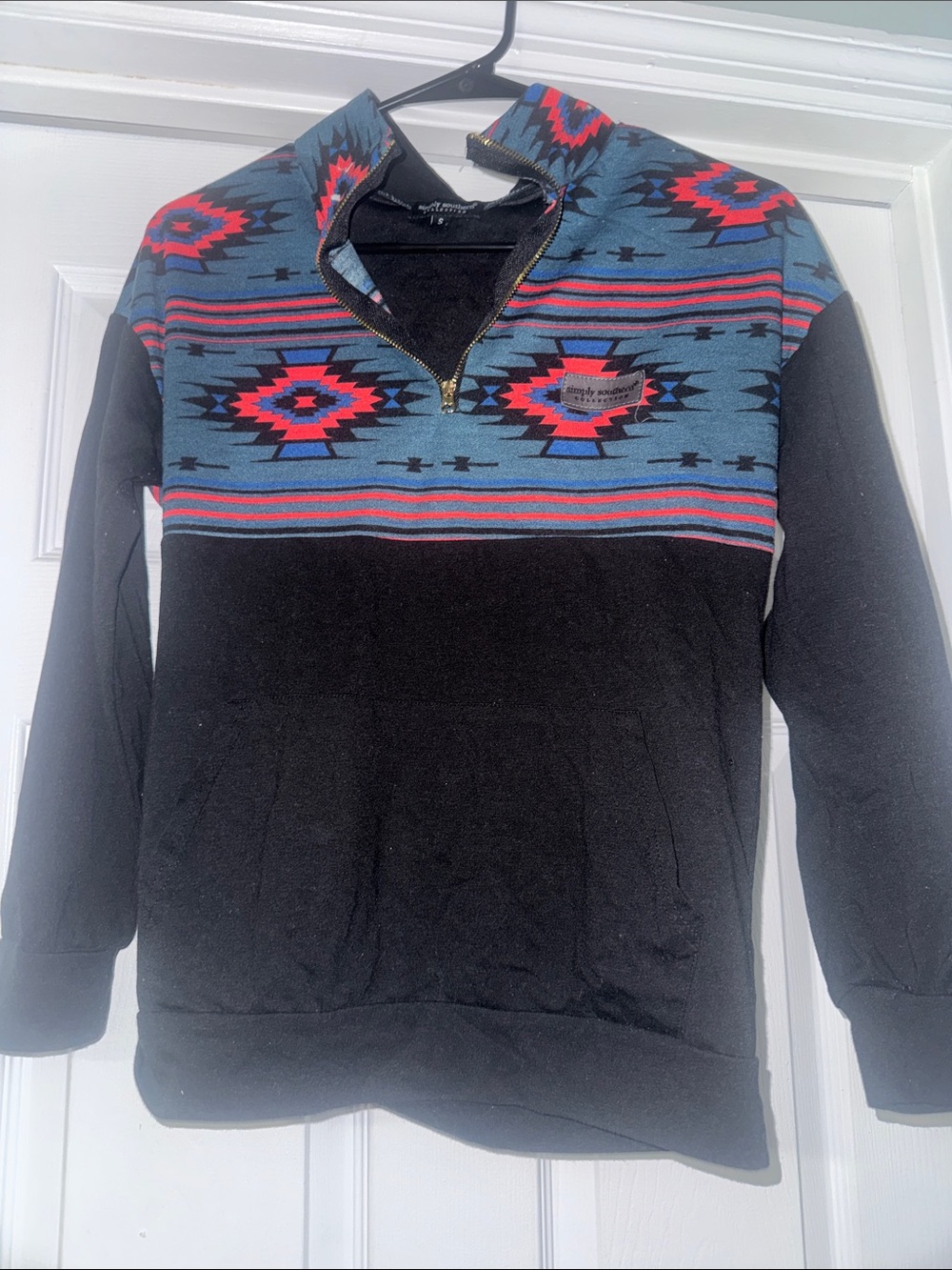 Simply Southern Black Quarter-Zip Sweater with Blue and Red Aztec Yoke